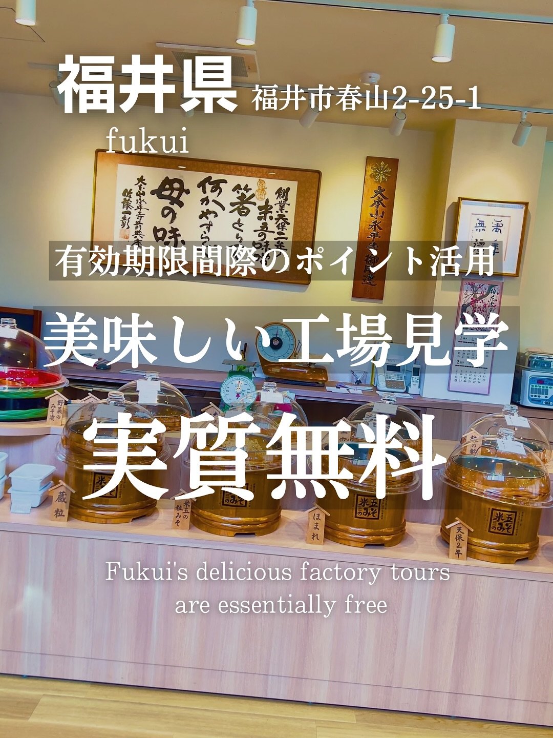 米五のみそ みそ楽 店内の量り売り味噌樽と工場見学の案内