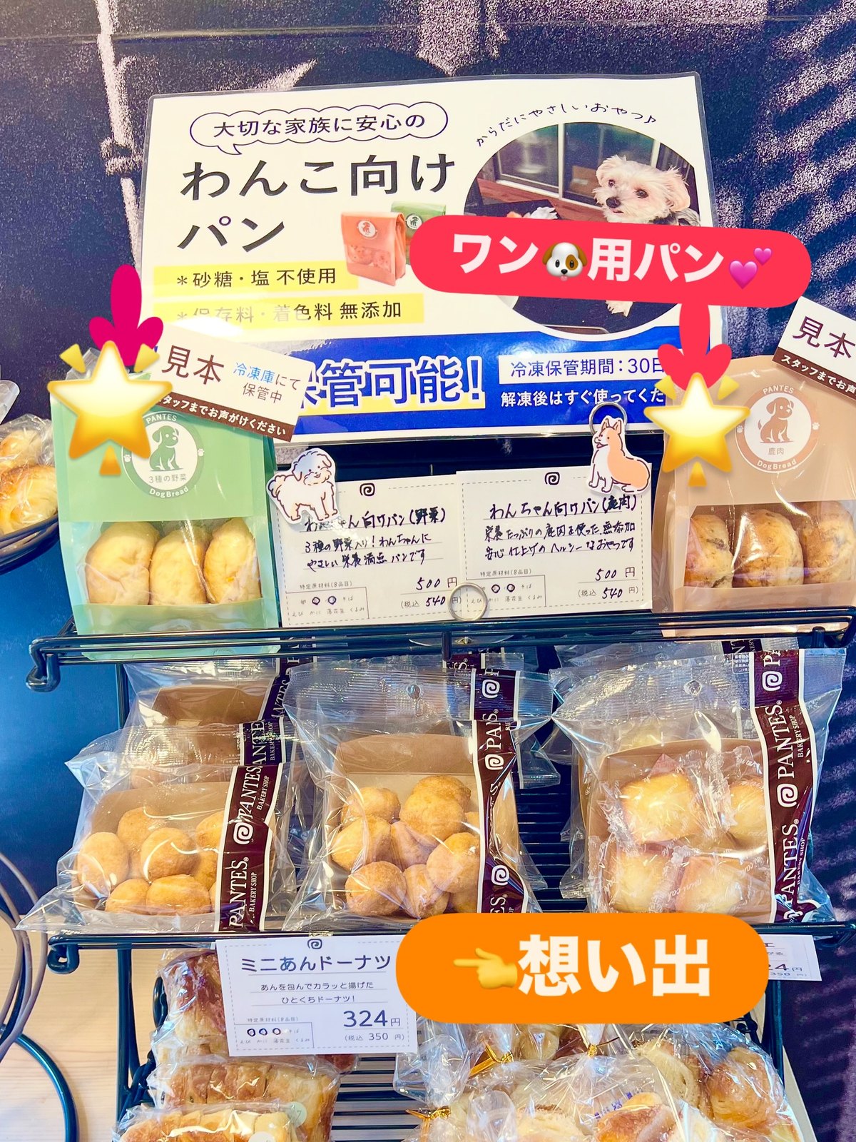 パンテス わんこ向けパンのコーナーとミニあんドーナツ