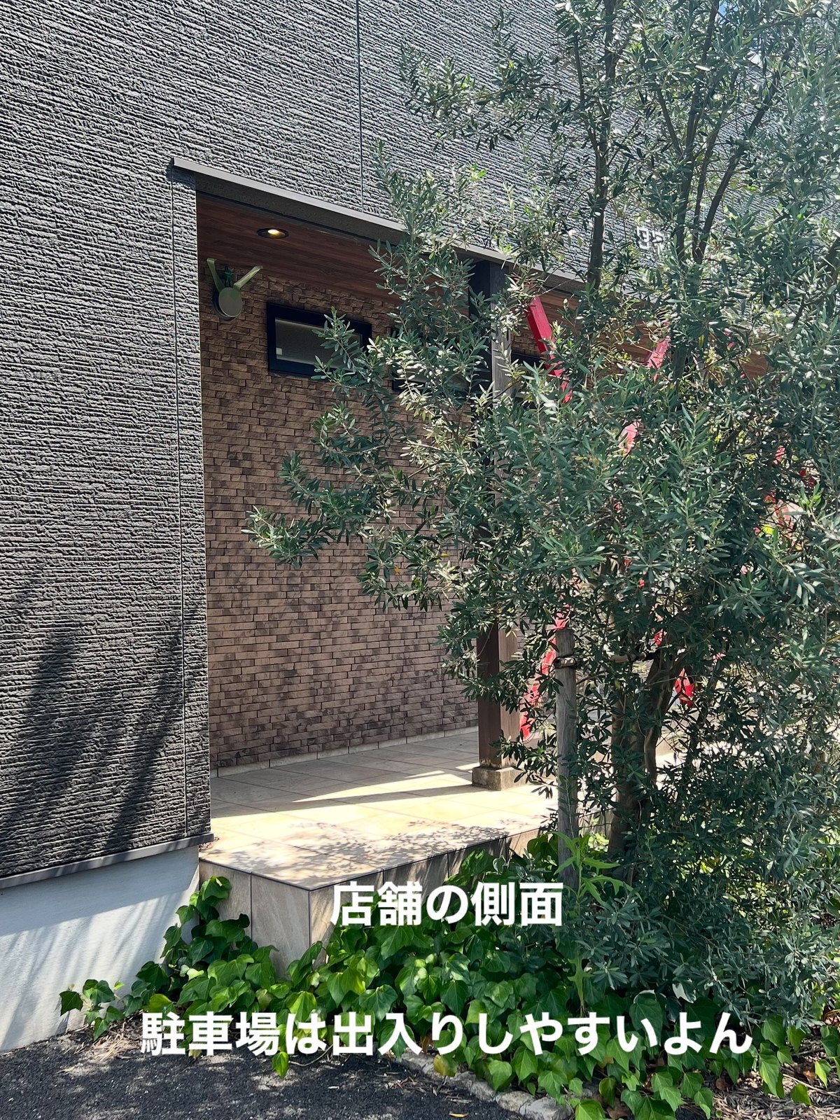 teto(テト)レンガ調の壁と植栽が見える店舗の側面